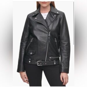 Karl Lagerfeld, black leather Moto jacket with fringe